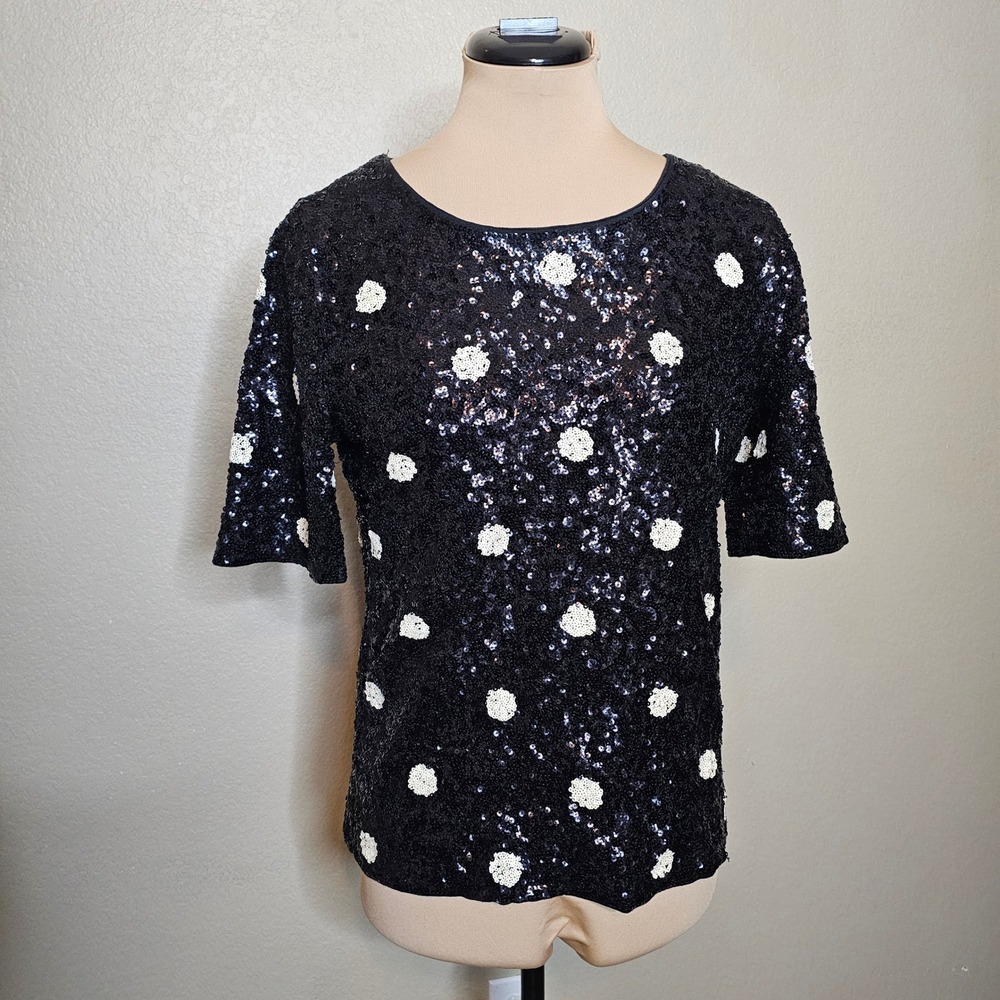 J.Crew Womens Black White Polka Dot Sequin Short Sleeve Top Small - Picture 2 of 8